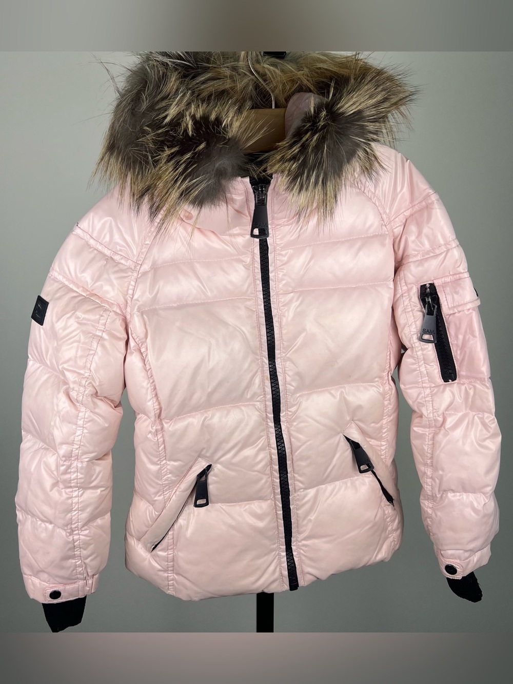 SAM. Light Pink Kids Puffer Jacket with Faux Fur Hood, Size 6